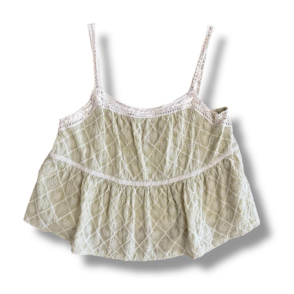Lalavon Embroidered Sage Green Lace Trim Peplum Tank Top Size‎ Large
